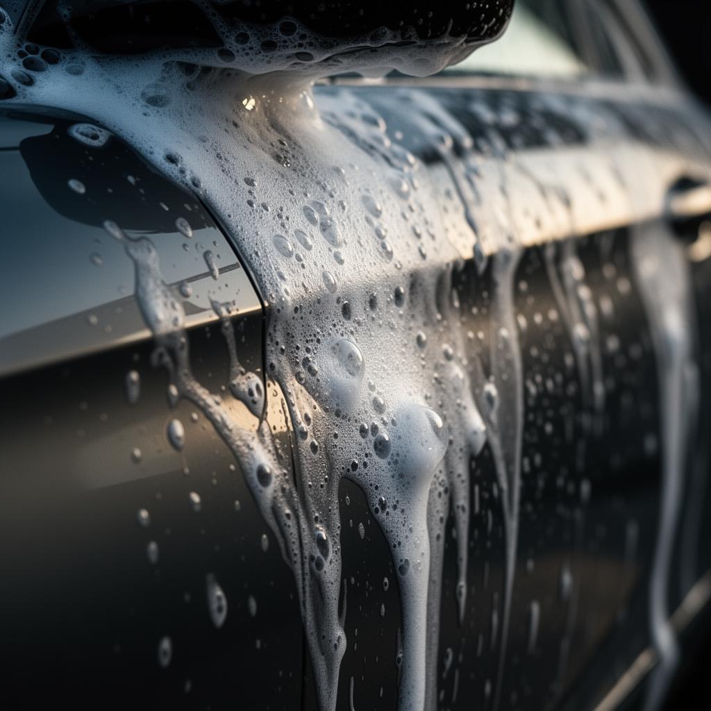 Foam cannon suds sliding down a glossy car panel